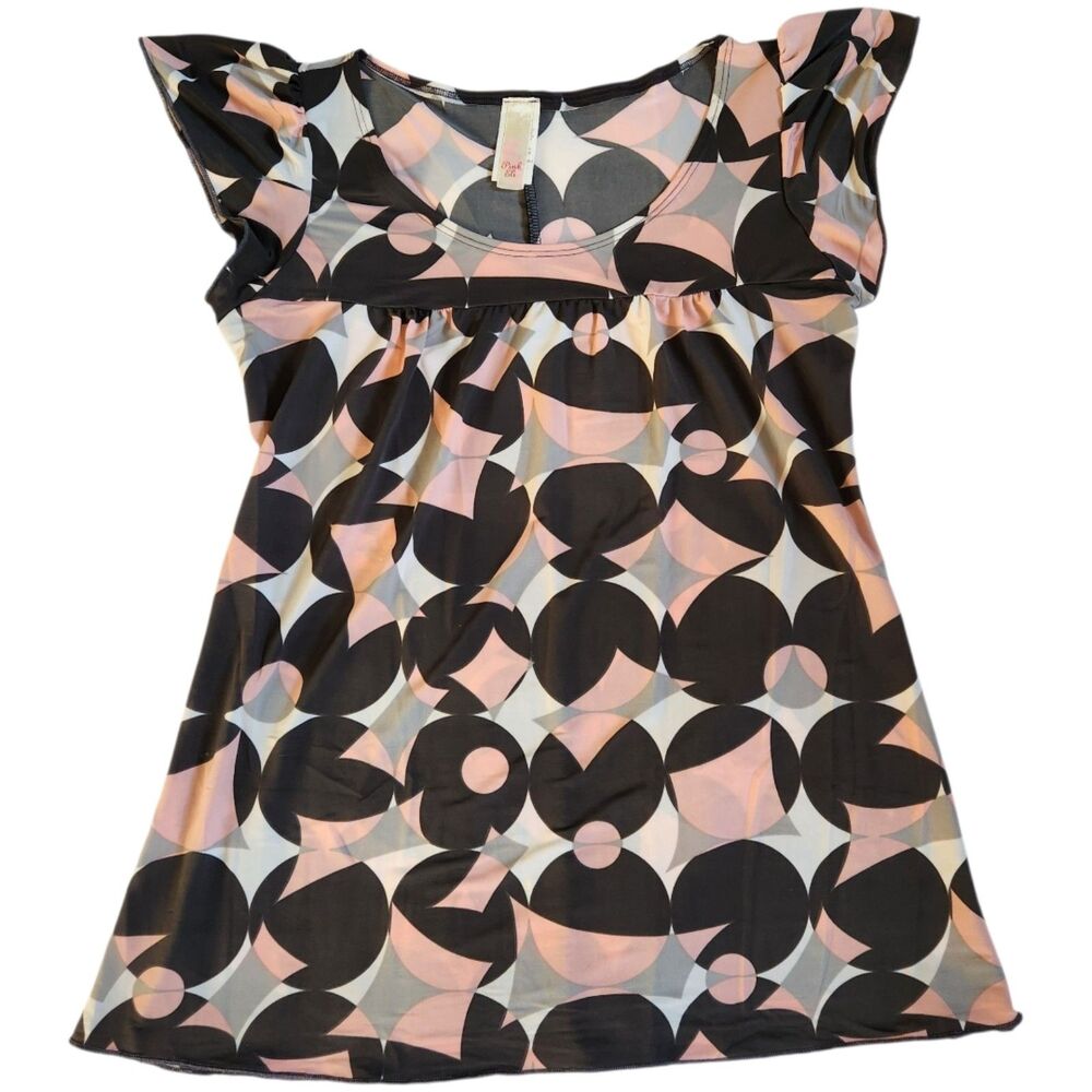 Pink Eli Black Pink Gray Geometric Print Ruffled Cap Sleeve Babydoll Top Sz S